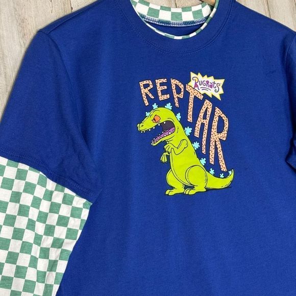 Nickelodeon Womens Reptar Graphic Blue Checkered Long Sleeve T-Shirt Size L NEW! - Picture 2 of 6